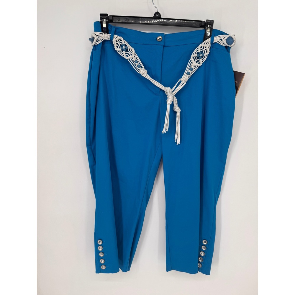 Multiples Capri Pants Womens 16W Blue NWT Macrame Belt Button Cuff Stretch